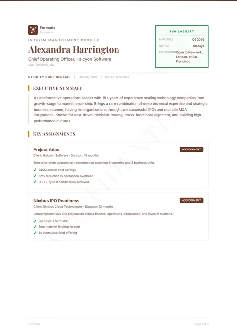 Interim Executive Profile template, page 1: example in Formatix branding with a fictional candidate