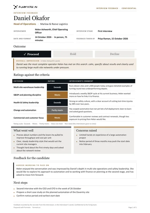 Interview feedback form template, page 1: example in Formatix branding with fictional content