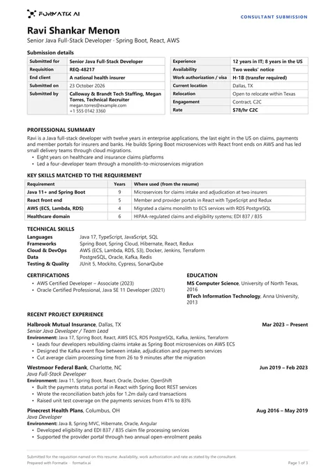 IT consultant submission resume template, page 1: example in Formatix branding with fictional content