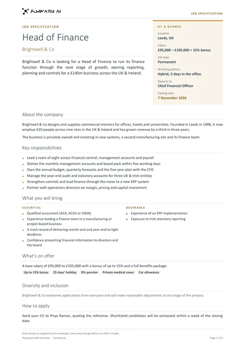 Job specification template, page 1: example in Formatix branding with fictional content