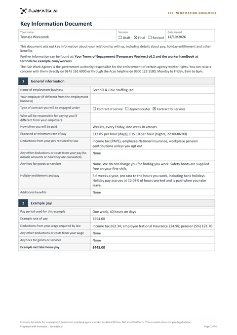 Key Information Document (agency workers) template, page 1: example in Formatix branding with fictional content