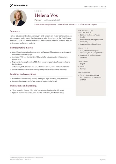 Lawyer pitch bio template, page 1: example in Formatix branding with fictional content