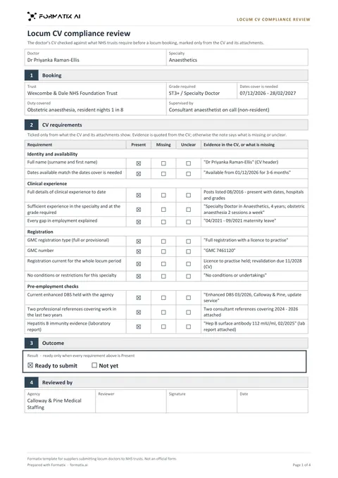 Locum CV compliance review template, page 1: example in Formatix branding with fictional content