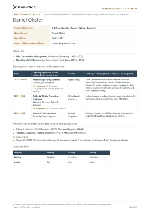 Development-bank key expert CV (TECH-6 layout) template, page 1: example in Formatix branding with fictional content
