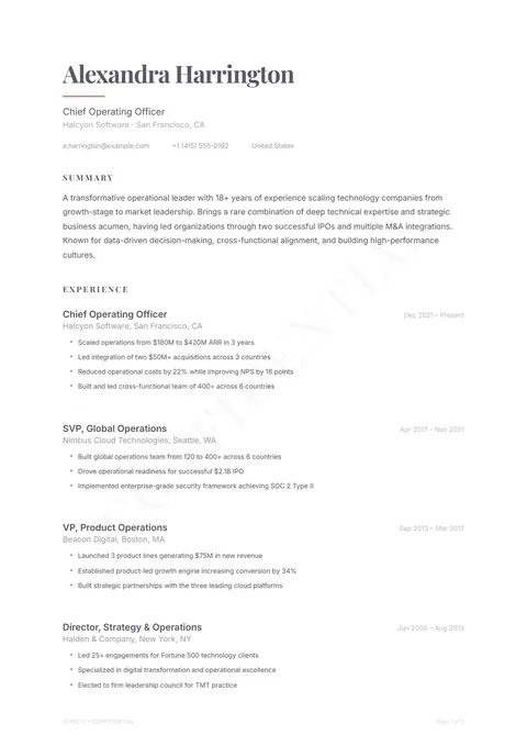 Minimal Profile template, page 1: example in Formatix branding with a fictional candidate