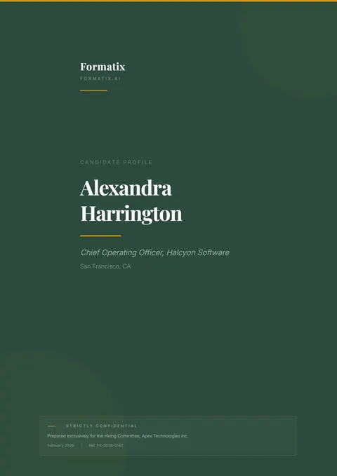 Narrative Profile template, page 1: example in Formatix branding with a fictional candidate