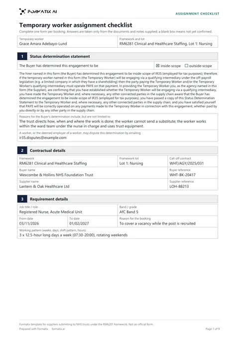 NHS clinical agency assignment checklist template, page 1: example in Formatix branding with fictional content