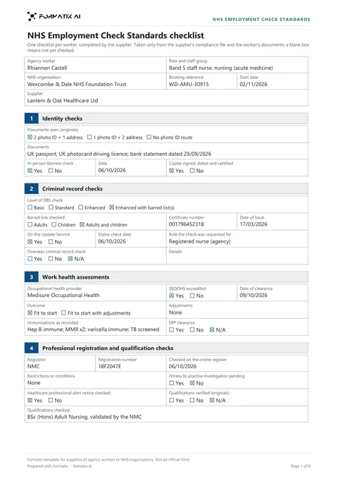 NHS employment check standards checklist template, page 1: example in Formatix branding with fictional content