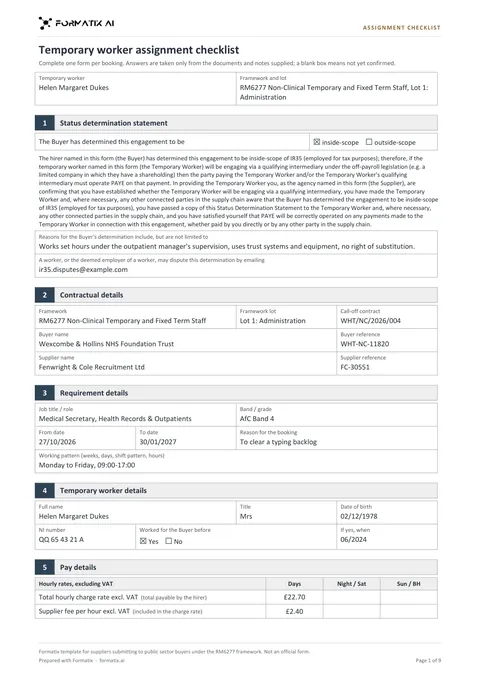 NHS non-clinical agency assignment checklist template, page 1: example in Formatix branding with fictional content