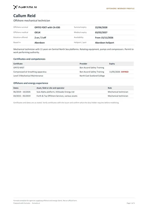 Offshore worker profile template, page 1: example in Formatix branding with fictional content