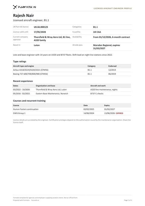 Licensed aircraft engineer profile template, page 1: example in Formatix branding with fictional content