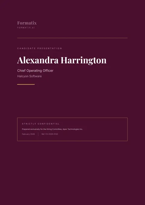 Profile with Cover Page template, page 1: example in Formatix branding with a fictional candidate