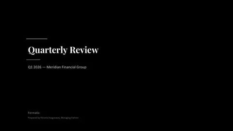 Quarterly Review template, slide 1: example in Formatix branding with a fictional candidate
