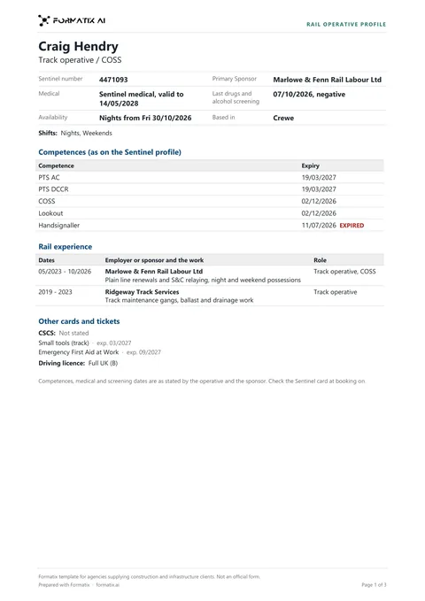 Rail operative profile (PTS / Sentinel) template, page 1: example in Formatix branding with fictional content