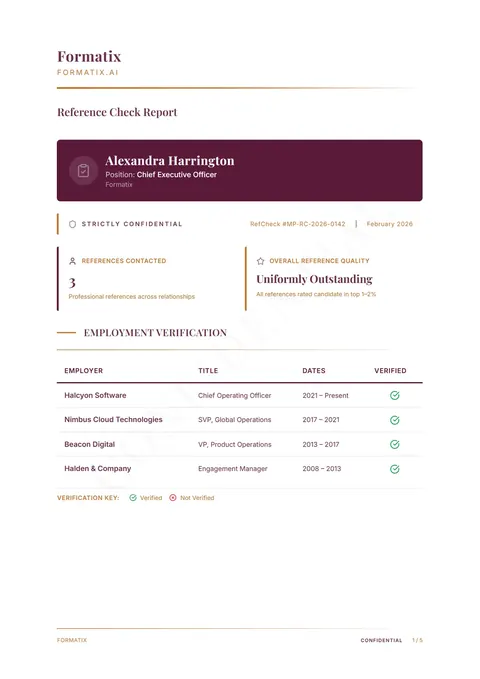 Reference Check Report template, page 1: example in Formatix branding with a fictional candidate