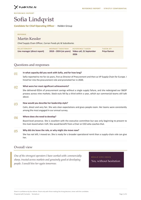 Reference report template, page 1: example in Formatix branding with a fictional candidate