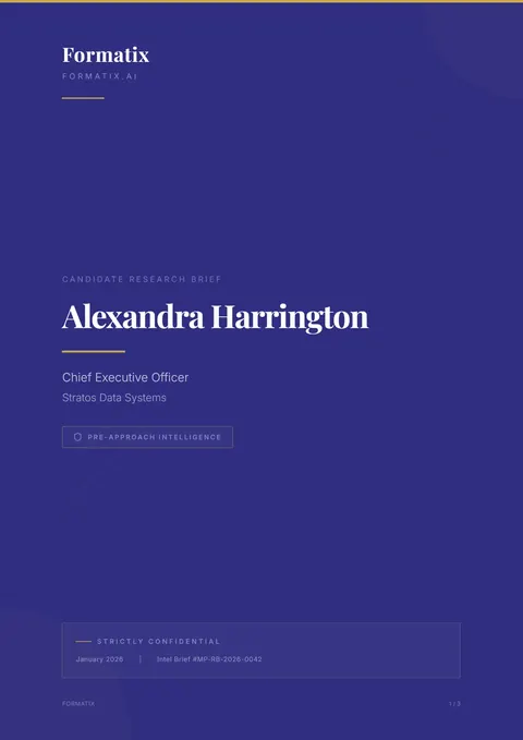 Research Brief template, page 1: example in Formatix branding with a fictional candidate