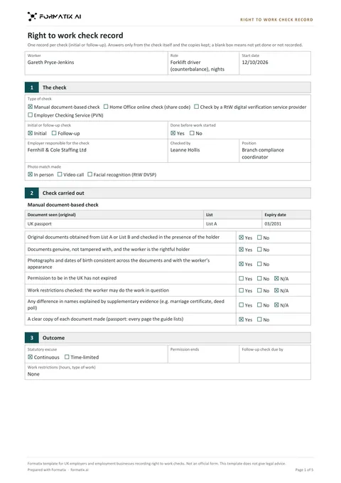 Right to work check record template, page 1: example in Formatix branding with fictional content