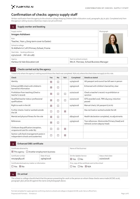 School confirmation of agency staff checks (KCSIE) template, page 1: example in Formatix branding with fictional content