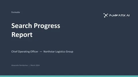 Search Progress Report template, slide 1: example in Formatix branding with a fictional candidate