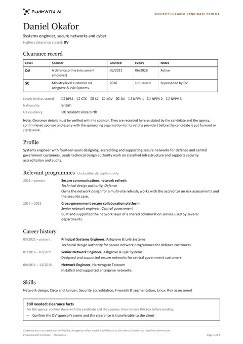 Security-cleared candidate profile template, page 1: example in Formatix branding with fictional content