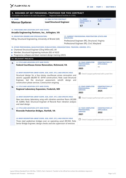 SF330 Section E key personnel resume template, page 1: example in Formatix branding with fictional content