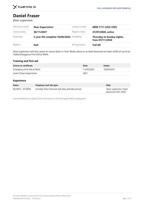 SIA licensed officer profile template, page 1: example in Formatix branding with fictional content