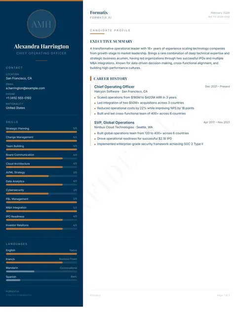 Sidebar Profile template, page 1: example in Formatix branding with a fictional candidate