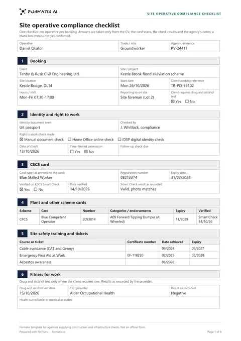 Site operative compliance checklist template, page 1: example in Formatix branding with fictional content