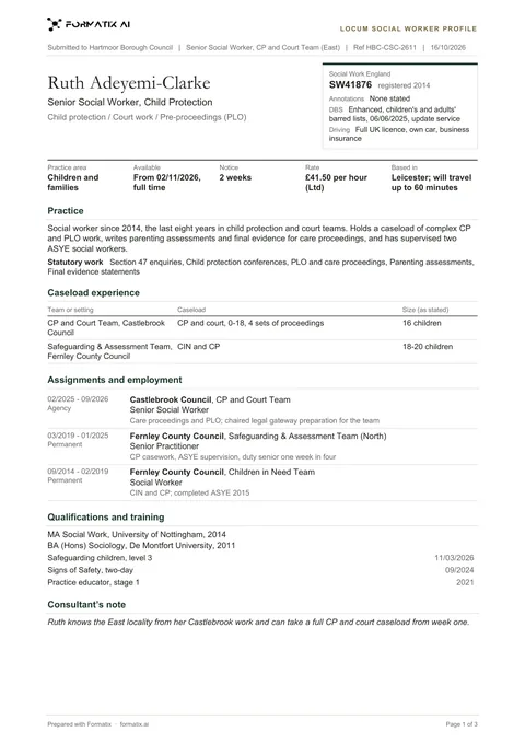 Locum social worker profile template, page 1: example in Formatix branding with fictional content