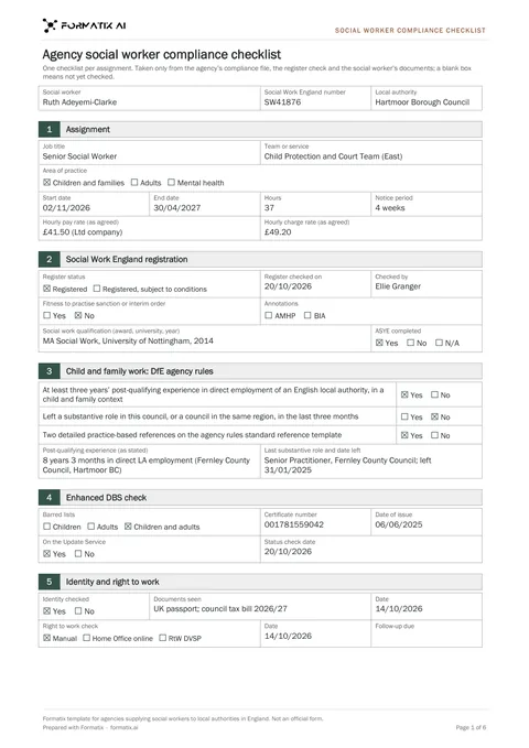 Agency social worker compliance checklist template, page 1: example in Formatix branding with fictional content