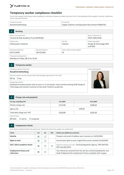 Supply teacher compliance checklist template, page 1: example in Formatix branding with fictional content
