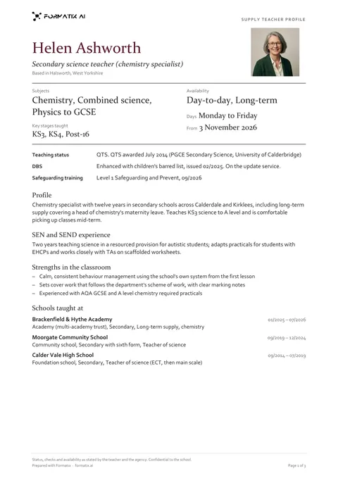 Supply teacher profile template, page 1: example in Formatix branding with fictional content