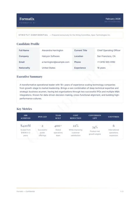Tabular Profile template, page 1: example in Formatix branding with a fictional candidate
