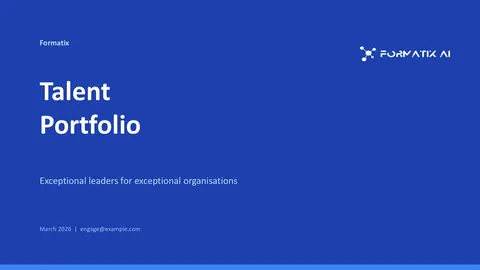 Talent Portfolio template, slide 1: example in Formatix branding with a fictional candidate