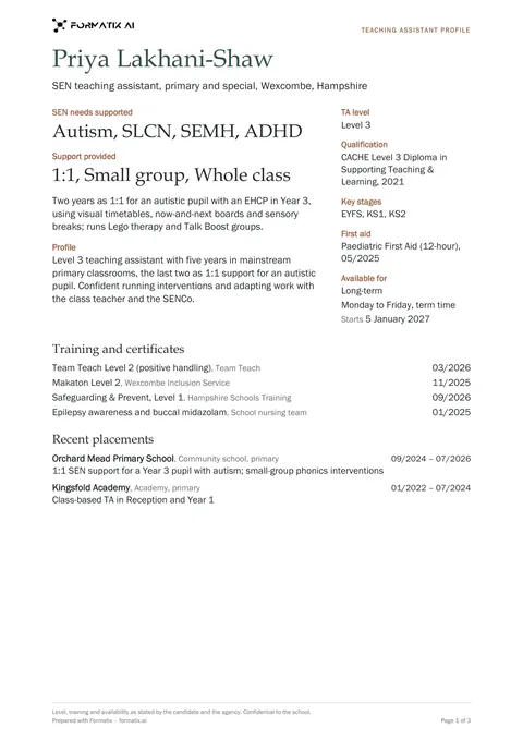 Teaching assistant and SEN support profile template, page 1: example in Formatix branding with fictional content