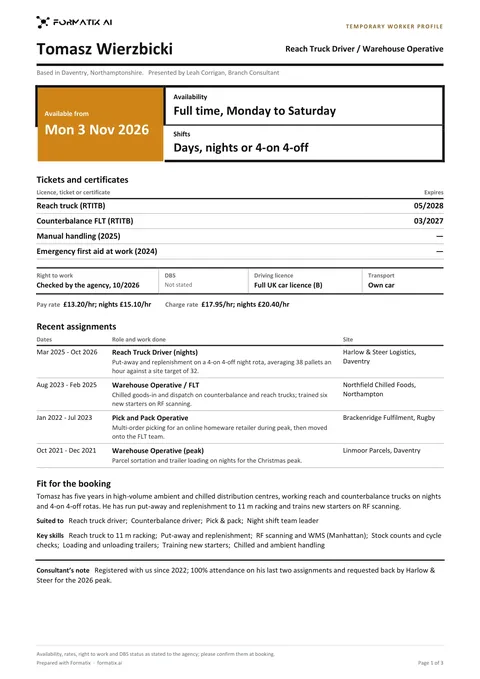 Temporary worker profile template, page 1: example in Formatix branding with fictional content