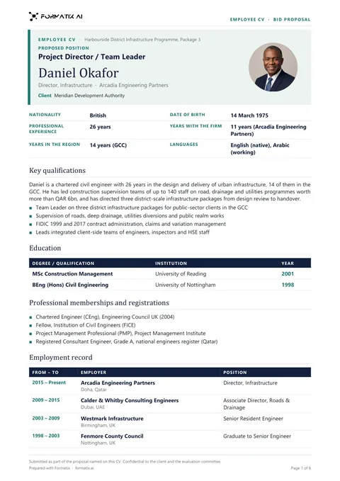 Tender employee CV template, page 1: example in Formatix branding with fictional content