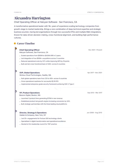 Timeline Profile template, page 1: example in Formatix branding with a fictional candidate